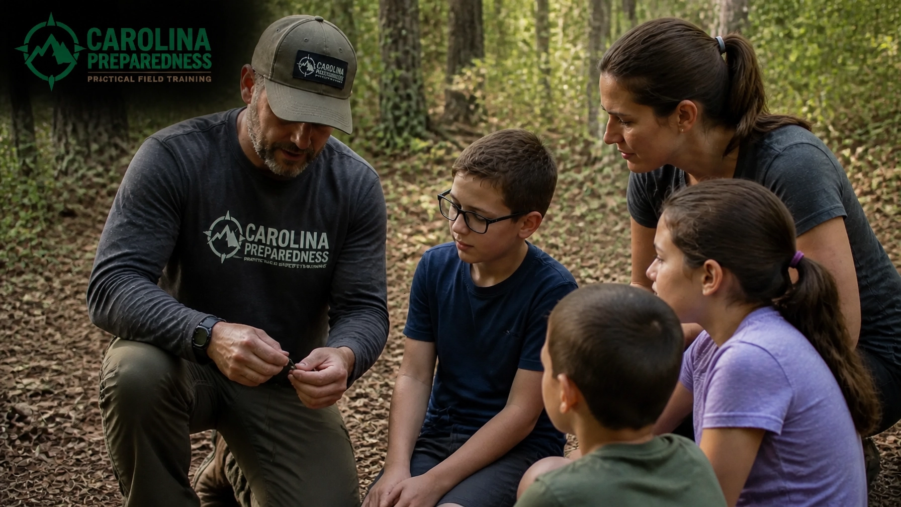 Instructor teaching a family practical emergency preparedness skills during an outdoor field training session