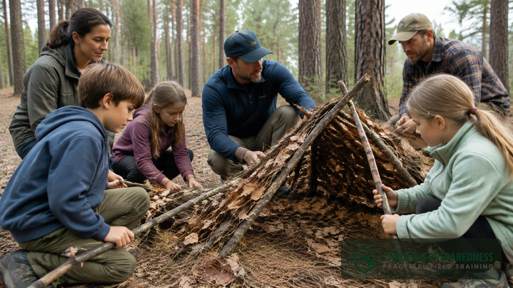 Children and parents practice building a simple shelter during an outdoor survival skills class.
