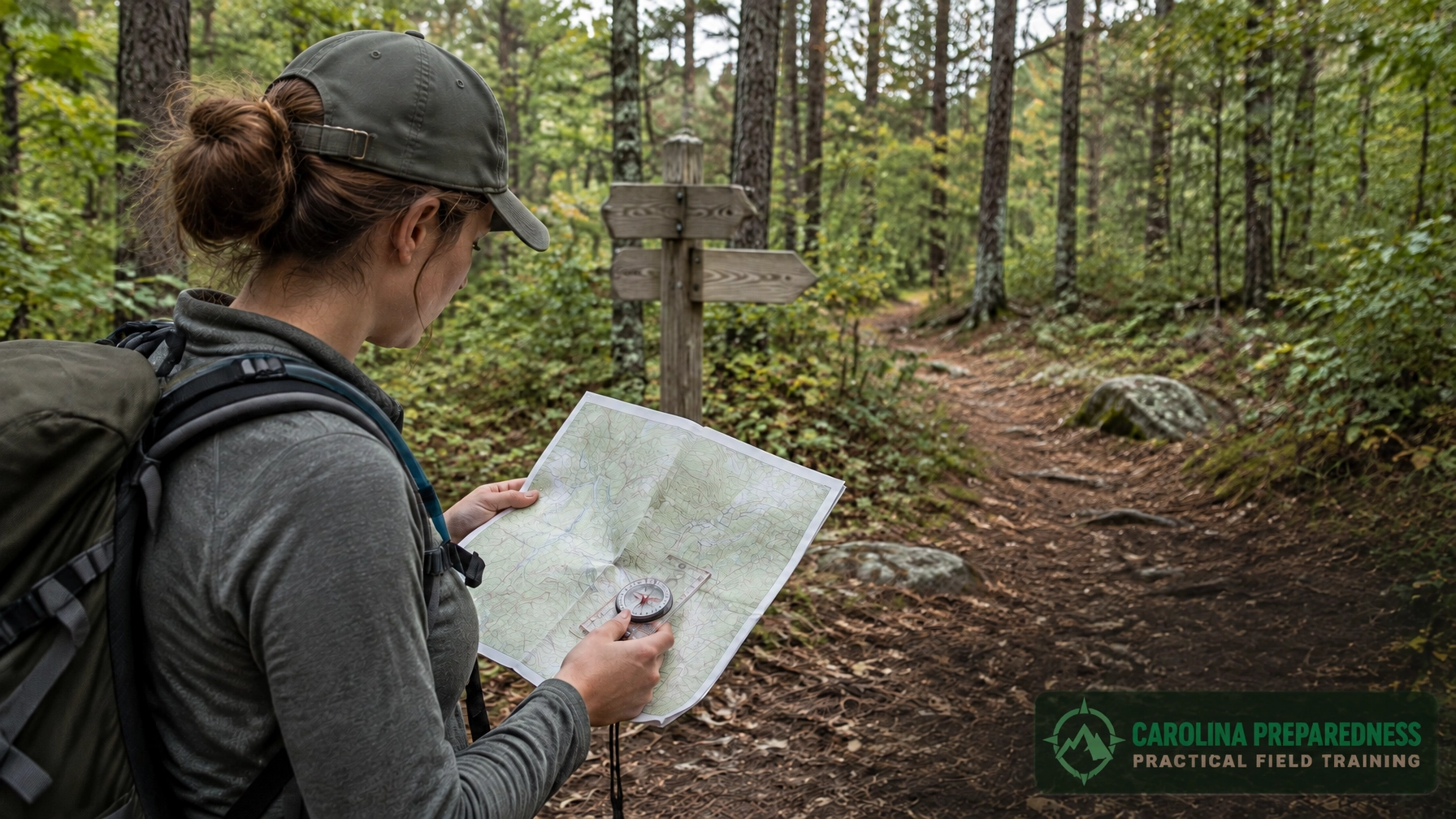 Hiker checks a topographic map and compass against the terrain on a wooded trail.