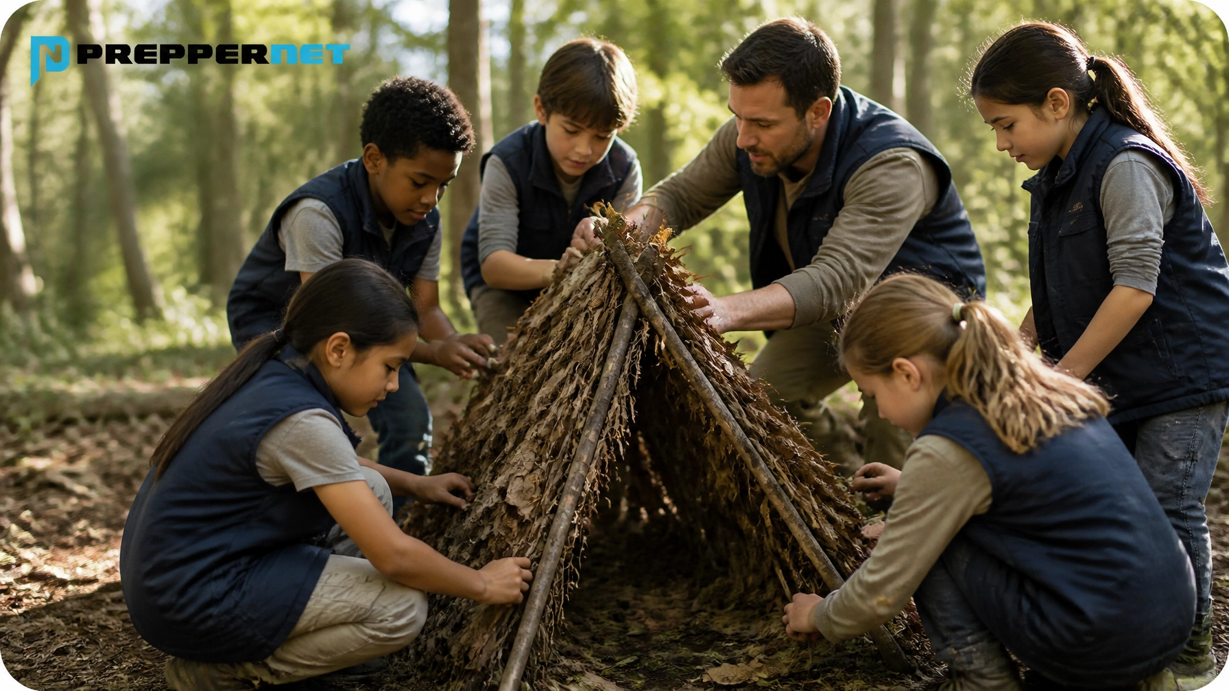 A group of children and a mentor building a debris shelter in the woods, emphasizing hands-on survival training.