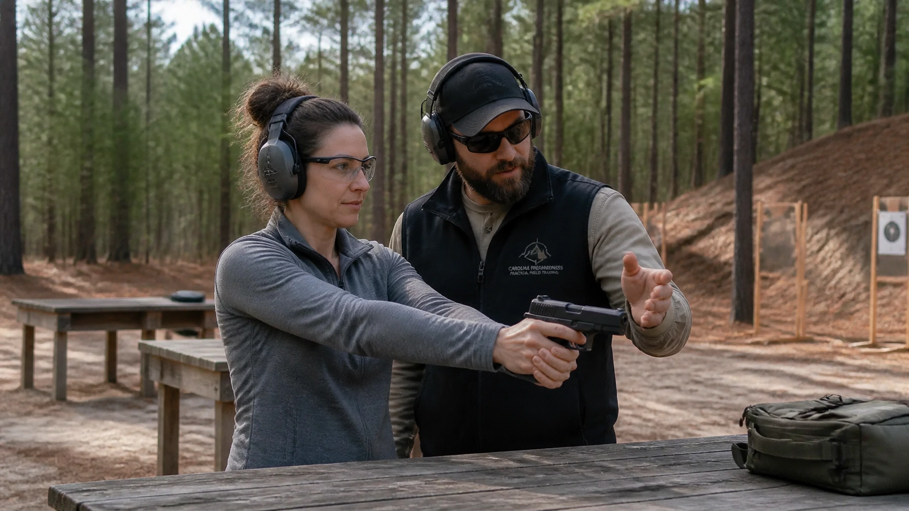 Instructor calmly coaching a beginner through safe firearm handling during an outdoor firearms training class
