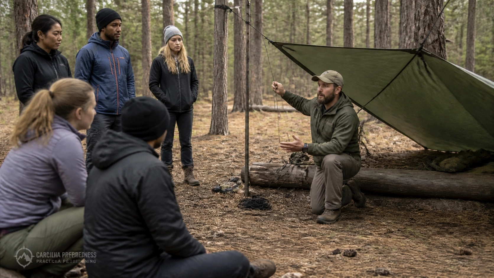 Students building emergency shelters outdoors during a hands-on survival skills training course with Carolina Preparedness