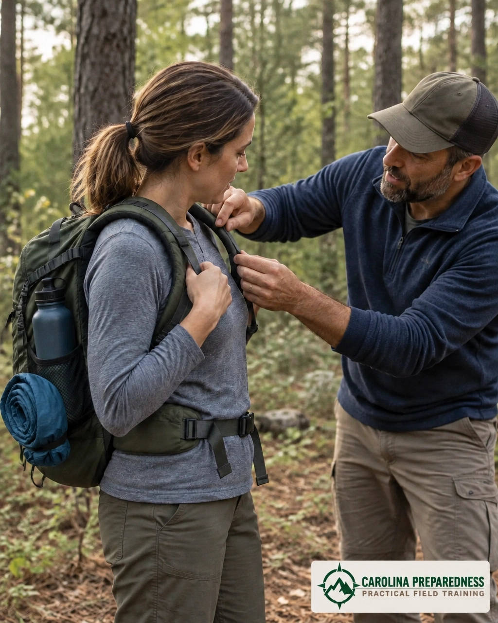 A beginner checks a practical evacuation backpack and essential supplies at a wooded trailhead.